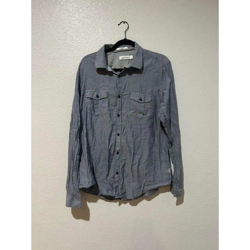 Calvin Klein Mens Blue Cotton Linen Blend Long Sleeve Button Down Shirt Large
